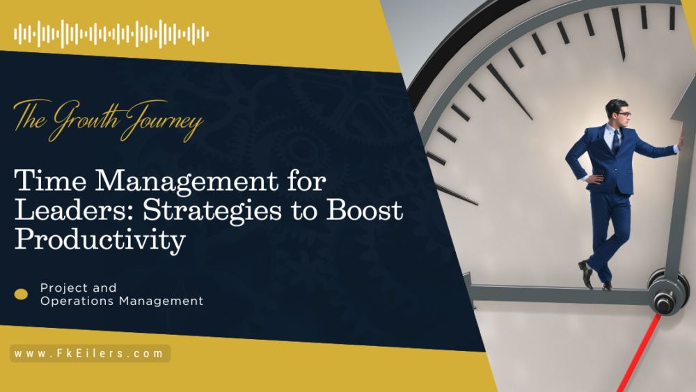 Clock overlay with business leader managing tasks, productivity charts, and planning icons symbolizing time management strategies for leaders.