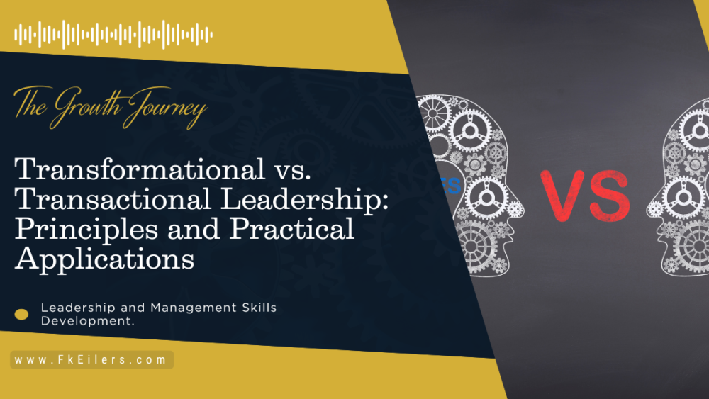 Two business leaders depicted side by side, one inspiring a team through vision (transformational leadership) and the other focusing on structured goals and rewards (transactional leadership).