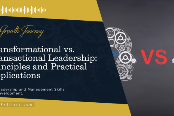 Two business leaders depicted side by side, one inspiring a team through vision (transformational leadership) and the other focusing on structured goals and rewards (transactional leadership).